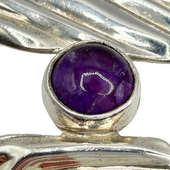 Vintage Modernist Abstract 925 Sterling Silver Amethyst Cuff Bracelet Taxco - Picture 2 of 6
